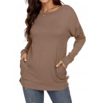 Crew Neck Solid Color T-shirt, Casual Long Sleeve Pocket Top For Spring & Fall, Women's Clothing