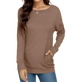 Crew Neck Solid Color T-shirt, Casual Long Sleeve Pocket Top For Spring & Fall, Women's Clothing