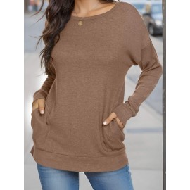 Crew Neck Solid Color T-shirt, Casual Long Sleeve Pocket Top For Spring & Fall, Women's Clothing