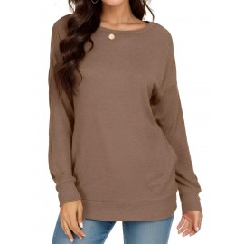 Crew Neck Solid Color T-shirt, Casual Long Sleeve Pocket Top For Spring & Fall, Women's Clothing