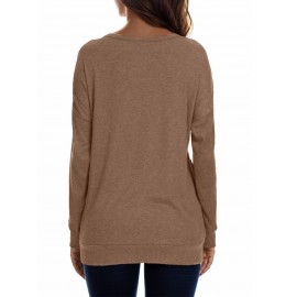 Crew Neck Solid Color T-shirt, Casual Long Sleeve Pocket Top For Spring & Fall, Women's Clothing