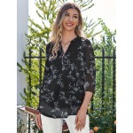 Women's V Neck 3/4 Sleeve Shirts Zip Floral Casual Tunic Tops Double Layers Mesh Top Blouse Work Casual