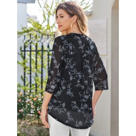 Women's V Neck 3/4 Sleeve Shirts Zip Floral Casual Tunic Tops Double Layers Mesh Top Blouse Work Casual