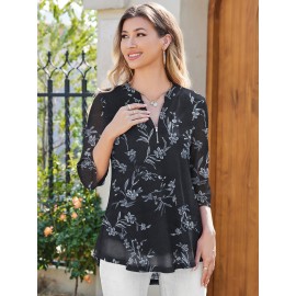 Women's V Neck 3/4 Sleeve Shirts Zip Floral Casual Tunic Tops Double Layers Mesh Top Blouse Work Casual