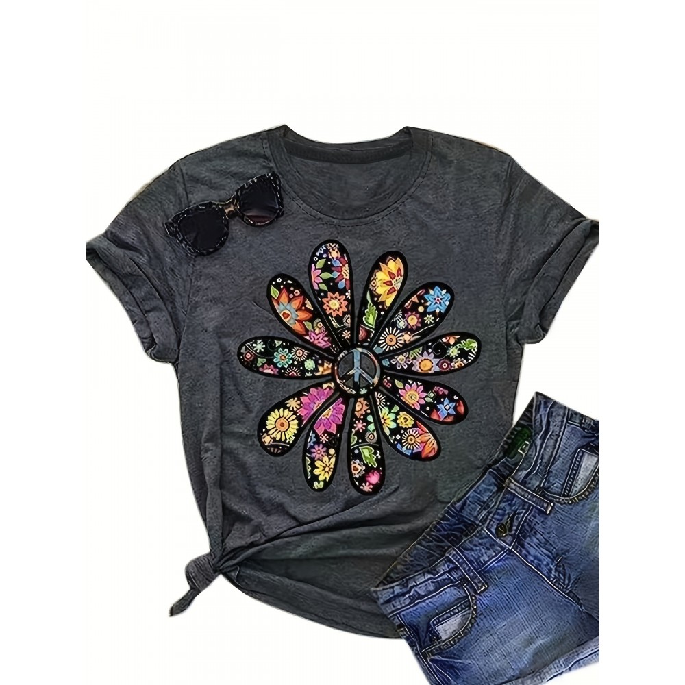 Flower Print Crew Neck T-Shirt, Casual Short Sleeve Top For Spring & Summer, Women's Clothing