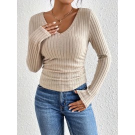 Women's Ribbed V Neck Long Sleeve T-Shirt for Spring and Fall - Casual and Comfortable Top