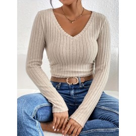 Women's Ribbed V Neck Long Sleeve T-Shirt for Spring and Fall - Casual and Comfortable Top