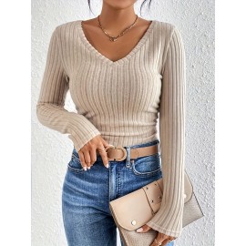 Women's Ribbed V Neck Long Sleeve T-Shirt for Spring and Fall - Casual and Comfortable Top