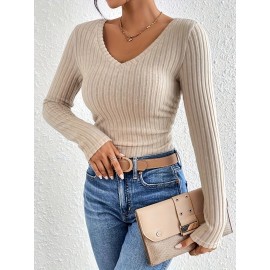 Women's Ribbed V Neck Long Sleeve T-Shirt for Spring and Fall - Casual and Comfortable Top