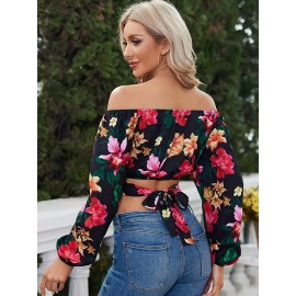 Woman Off Shoulder Ruched Tie Back Crop Top Summer Lantern Sleeve Boho Shirt Blouse