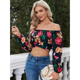 Woman Off Shoulder Ruched Tie Back Crop Top Summer Lantern Sleeve Boho Shirt Blouse