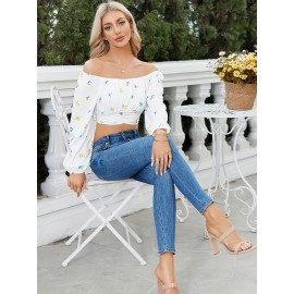 Woman Off Shoulder Ruched Tie Back Crop Top Summer Lantern Sleeve Boho Shirt Blouse