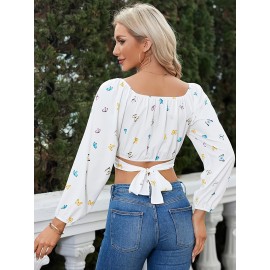 Woman Off Shoulder Ruched Tie Back Crop Top Summer Lantern Sleeve Boho Shirt Blouse