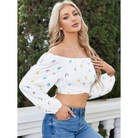 Woman Off Shoulder Ruched Tie Back Crop Top Summer Lantern Sleeve Boho Shirt Blouse