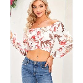 Woman Off Shoulder Ruched Tie Back Crop Top Summer Lantern Sleeve Boho Shirt Blouse