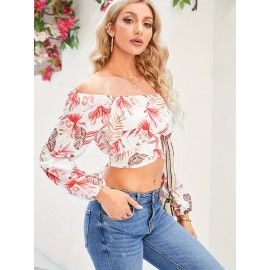 Woman Off Shoulder Ruched Tie Back Crop Top Summer Lantern Sleeve Boho Shirt Blouse