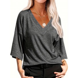 Women's Three Quarter Sleeve T-Shirt Summer V Neck Top Vintage Cotton Basic T-Shirt