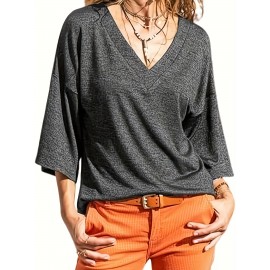 Women's Three Quarter Sleeve T-Shirt Summer V Neck Top Vintage Cotton Basic T-Shirt