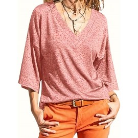 Women's Three Quarter Sleeve T-Shirt Summer V Neck Top Vintage Cotton Basic T-Shirt