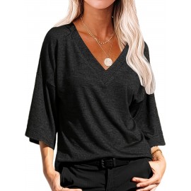 Women's Three Quarter Sleeve T-Shirt Summer V Neck Top Vintage Cotton Basic T-Shirt