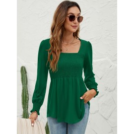 Blouses For Women Puff Long Sleeve Shirts Square Neck Casual Smocked Tunic Tops 2024 Spring Fall Winter Clothes S-XL