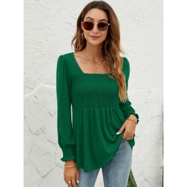 Blouses For Women Puff Long Sleeve Shirts Square Neck Casual Smocked Tunic Tops 2024 Spring Fall Winter Clothes S-XL