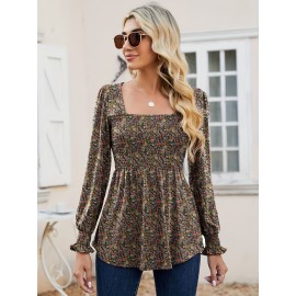 Blouses For Women Puff Long Sleeve Shirts Square Neck Casual Smocked Tunic Tops 2024 Spring Fall Winter Clothes S-XL