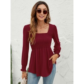 Blouses For Women Puff Long Sleeve Shirts Square Neck Casual Smocked Tunic Tops 2024 Spring Fall Winter Clothes S-XL