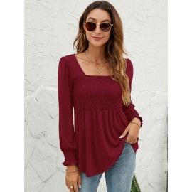 Blouses For Women Puff Long Sleeve Shirts Square Neck Casual Smocked Tunic Tops 2024 Spring Fall Winter Clothes S-XL