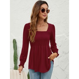 Blouses For Women Puff Long Sleeve Shirts Square Neck Casual Smocked Tunic Tops 2024 Spring Fall Winter Clothes S-XL