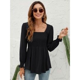 Blouses For Women Puff Long Sleeve Shirts Square Neck Casual Smocked Tunic Tops 2024 Spring Fall Winter Clothes S-XL