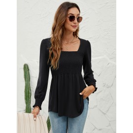 Blouses For Women Puff Long Sleeve Shirts Square Neck Casual Smocked Tunic Tops 2024 Spring Fall Winter Clothes S-XL