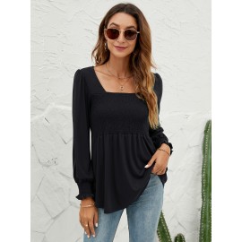 Blouses For Women Puff Long Sleeve Shirts Square Neck Casual Smocked Tunic Tops 2024 Spring Fall Winter Clothes S-XL