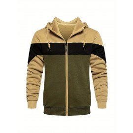 Plus Size Mens Casual Zipper Hooded Sweatshirt, Drawstring Warm Fleece Color Block Long Sleeve Jacket