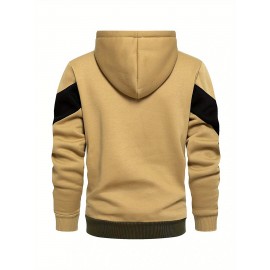 Plus Size Mens Casual Zipper Hooded Sweatshirt, Drawstring Warm Fleece Color Block Long Sleeve Jacket