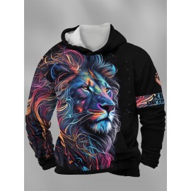 Plus Size Mens Vibrant 3D Lion Graphic Print Hooded Sweatshirt - Soft Slight Stretch Polyester Fabric, Machine Washable, Loose Fit, Club Party Style - Perfect for Fall Winter Fashion