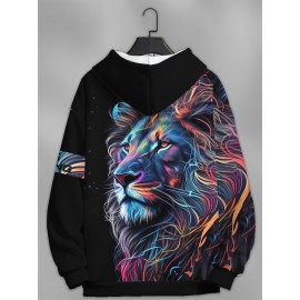 Plus Size Mens Vibrant 3D Lion Graphic Print Hooded Sweatshirt - Soft Slight Stretch Polyester Fabric, Machine Washable, Loose Fit, Club Party Style - Perfect for Fall Winter Fashion