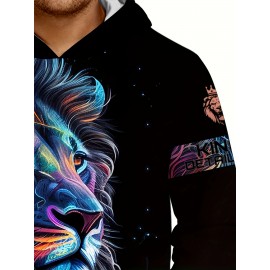 Plus Size Mens Vibrant 3D Lion Graphic Print Hooded Sweatshirt - Soft Slight Stretch Polyester Fabric, Machine Washable, Loose Fit, Club Party Style - Perfect for Fall Winter Fashion