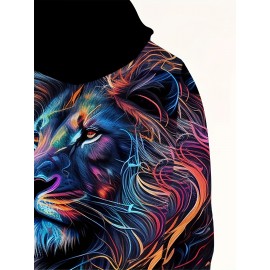 Plus Size Mens Vibrant 3D Lion Graphic Print Hooded Sweatshirt - Soft Slight Stretch Polyester Fabric, Machine Washable, Loose Fit, Club Party Style - Perfect for Fall Winter Fashion