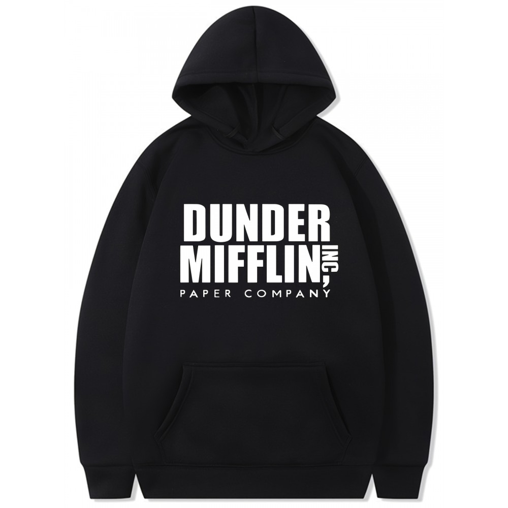 Plus Size Men's Graphic Hoodie - Soft Brushed Fleece, Casual Fashion, Pullover Design, Kangaroo Pocket, Sporty Style, Dunder Mifflin Print, Relaxed Fit, Everyday Wear, Autumn and Winter Essentials