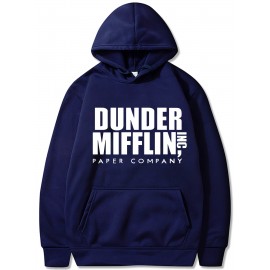 Plus Size Men's Graphic Hoodie - Soft Brushed Fleece, Casual Fashion, Pullover Design, Kangaroo Pocket, Sporty Style, Dunder Mifflin Print, Relaxed Fit, Everyday Wear, Autumn and Winter Essentials