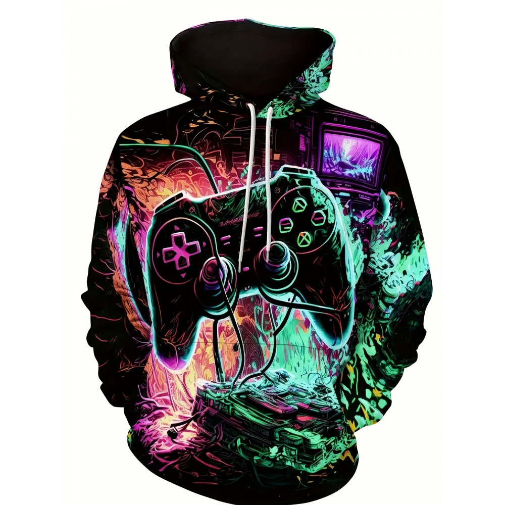 Plus Size Mens Graphic Print Hooded Sweatshirt with Slight Stretch Fabric for Spring and Fall - Cozy Regular Fit Polyester Knit Fabric with Hooded Collar