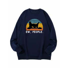 Plus Size Men's Sweatshirt, Anime Cat Print Crew Neck Pullover, Men's Clothing