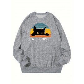 Plus Size Men's Sweatshirt, Anime Cat Print Crew Neck Pullover, Men's Clothing