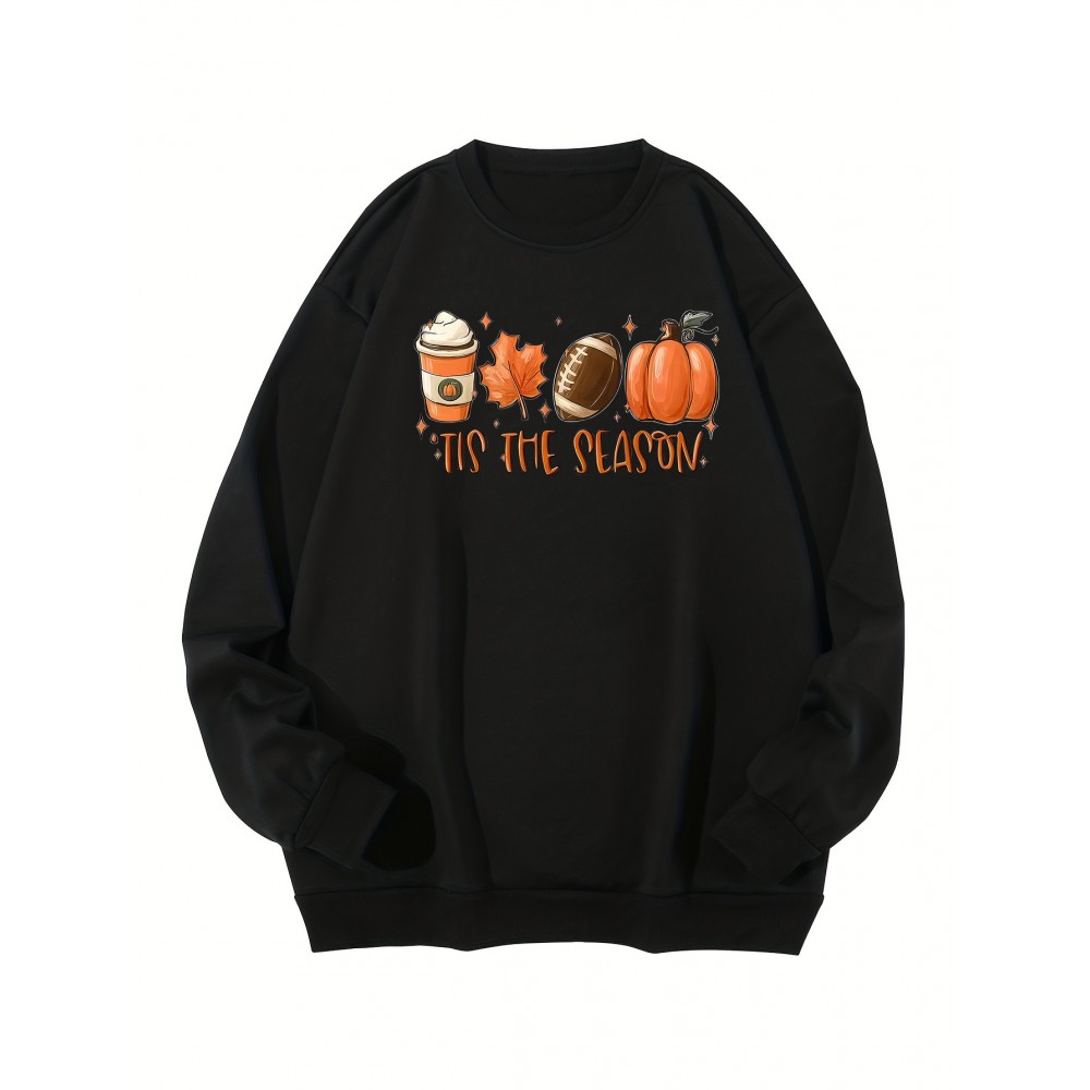 Plus Size Mens Super Loose Cartoon Pumpkin Print Crew Neck Sweatshirt - Soft Medium Stretch Polyester Knit Fabric, Casual Party Wear for Fall Winter - Oversized Fashion Pullover Tops