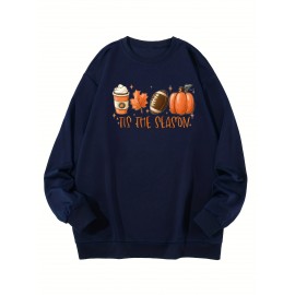 Plus Size Mens Super Loose Cartoon Pumpkin Print Crew Neck Sweatshirt - Soft Medium Stretch Polyester Knit Fabric, Casual Party Wear for Fall Winter - Oversized Fashion Pullover Tops