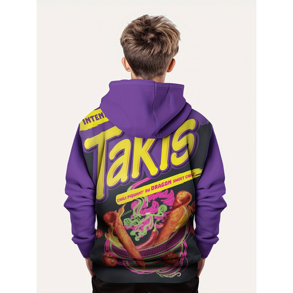 3D Print Cartoon Snack Hoodies for Boys - Soft Stretch Fabric, Casual Graphic Design, Comfortable Autumn/Winter Wear, Vibrant Colors, and Relaxed Fit for Everyday Style