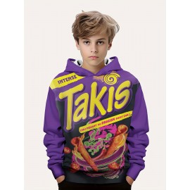 3D Print Cartoon Snack Hoodies for Boys - Soft Stretch Fabric, Casual Graphic Design, Comfortable Autumn/Winter Wear, Vibrant Colors, and Relaxed Fit for Everyday Style