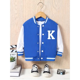 Boys Letter K Print Varsity Jacket - Fashionable Bomber Style, Button Front, Long Sleeve - Perfect for Spring & Fall Outdoors, Casual Everyday Wear