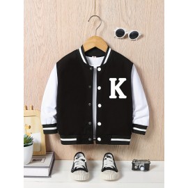 Boys Letter K Print Varsity Jacket - Fashionable Bomber Style, Button Front, Long Sleeve - Perfect for Spring & Fall Outdoors, Casual Everyday Wear